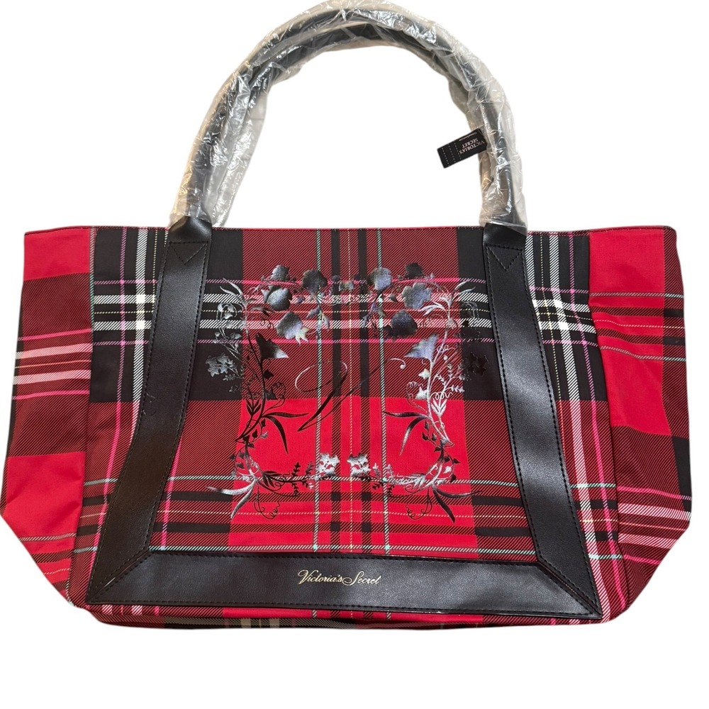 NWT Victoria's Secret Red Plaid Holiday‎ Tote Bag Black Trim Limited Edition